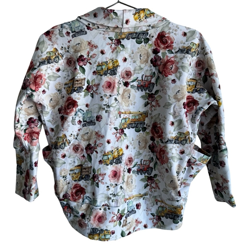 Handmade Girls Stretchy Tractor Cardigan Jacket Sz 5 Floral Girly Construction